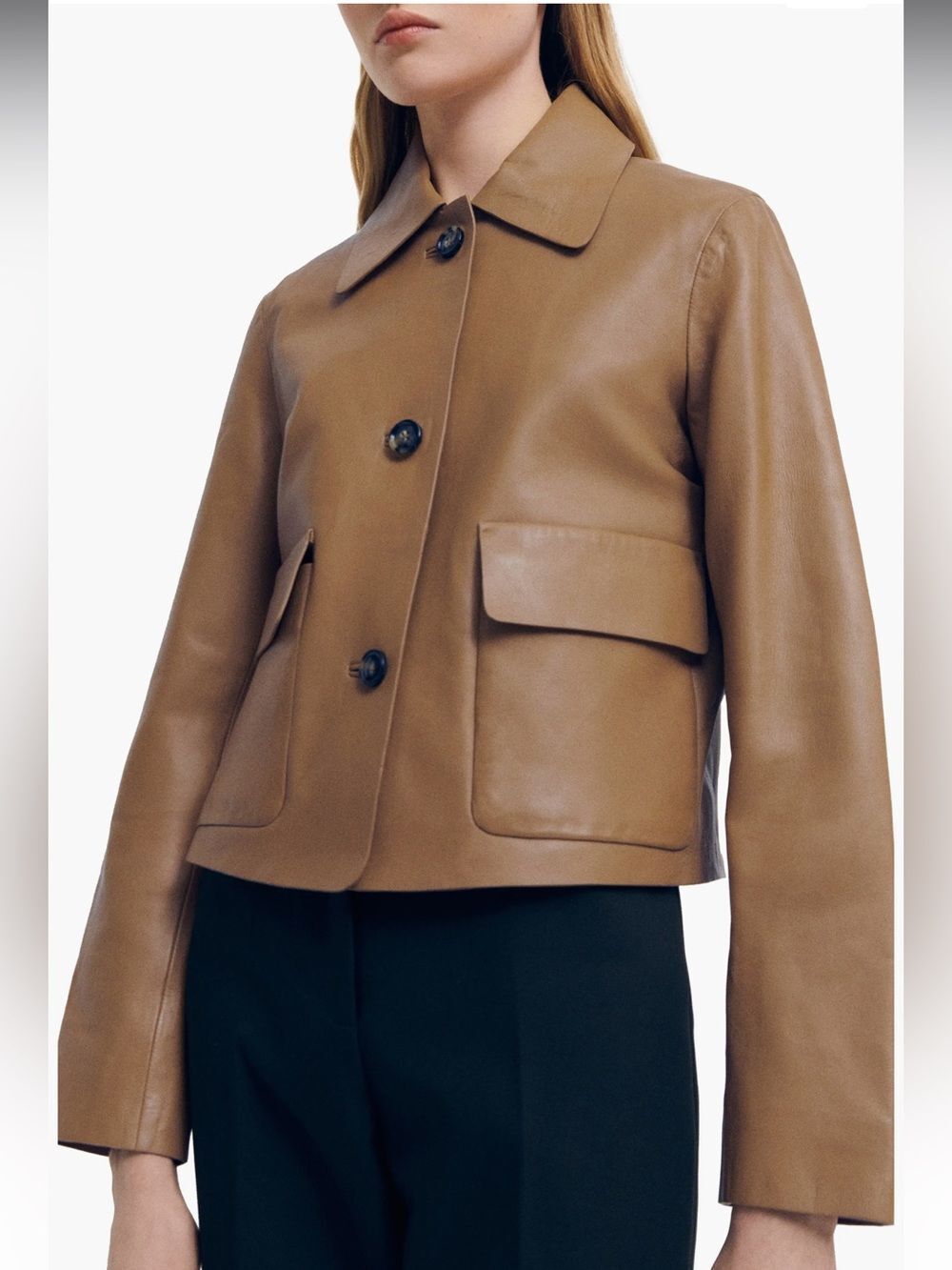 MANGO Button Up Leather Jacket in Medium Brown sold out - Picture 1 of 6